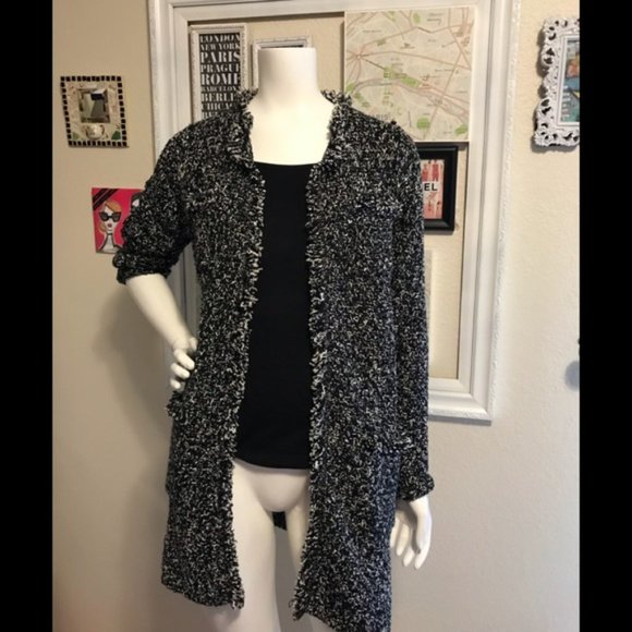 Ann Taylor Long Black and White Cardigan Sweater with Frayed edges - Picture 1 of 6